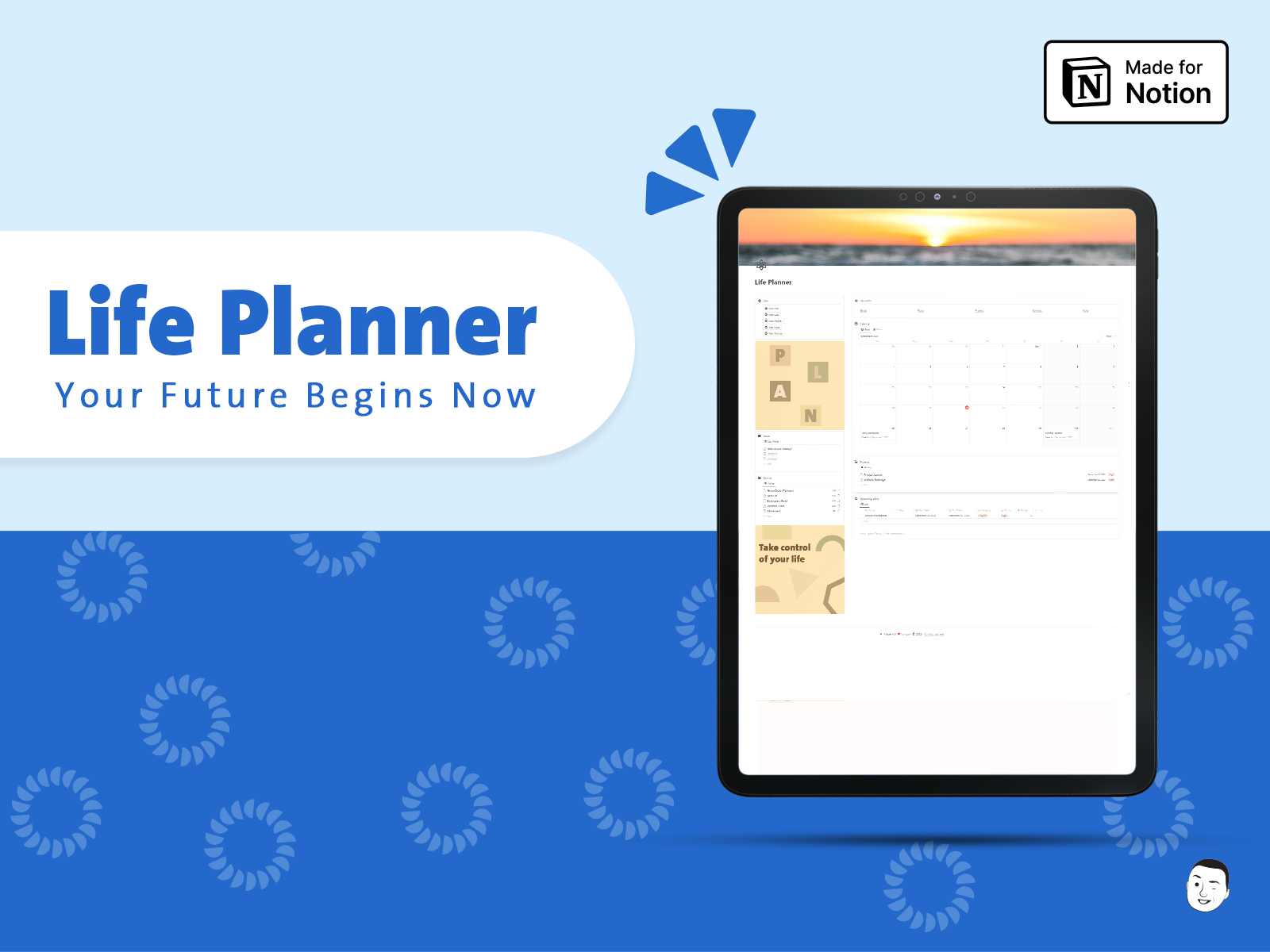 life planner notion template designed by fayed in tablet mockup