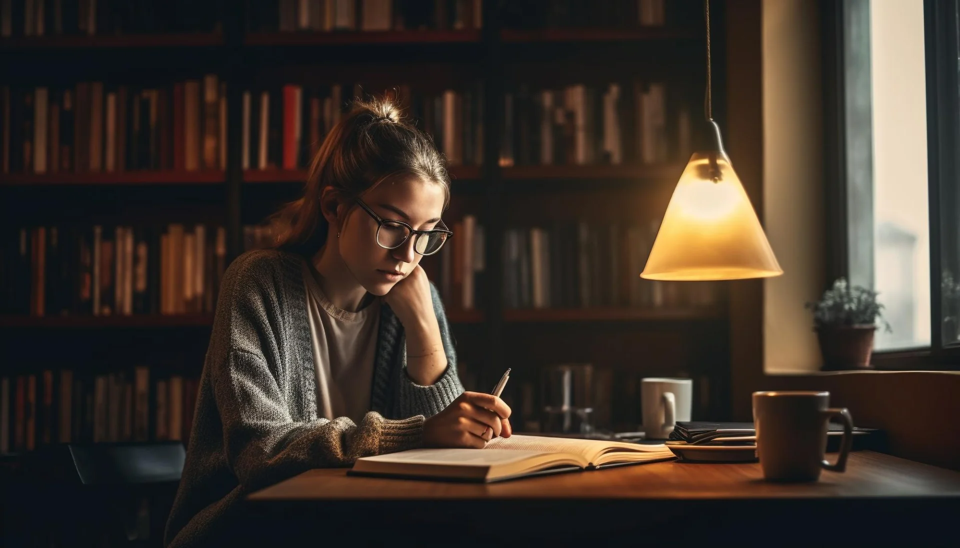 Girl sit on disk reading a book with lamp on