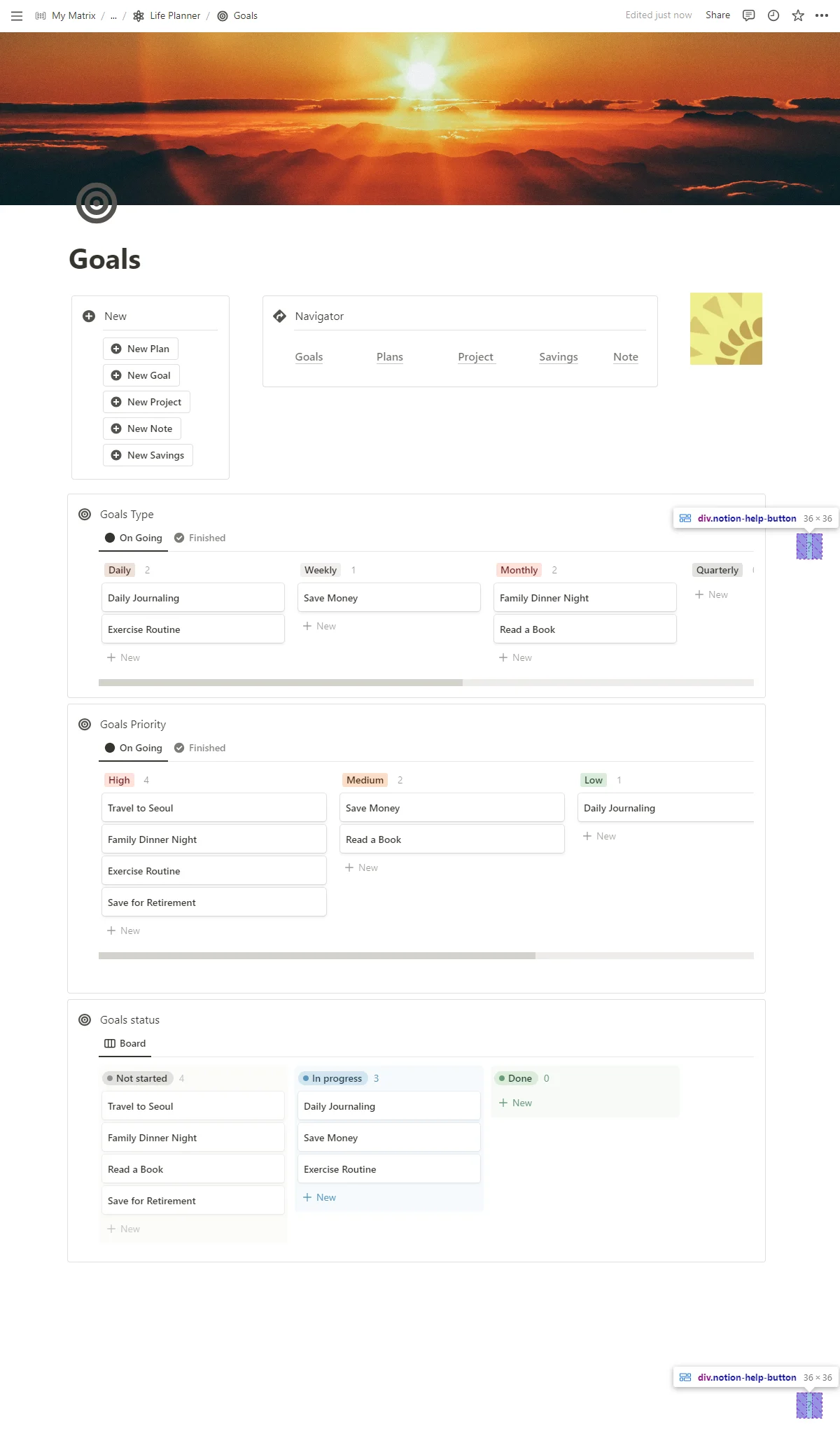 Goals page from life planner- notion template - fayed - fayedtion