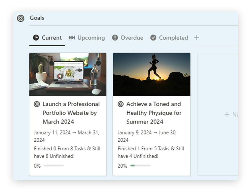 Goals views from Ultimate life planner - notion template