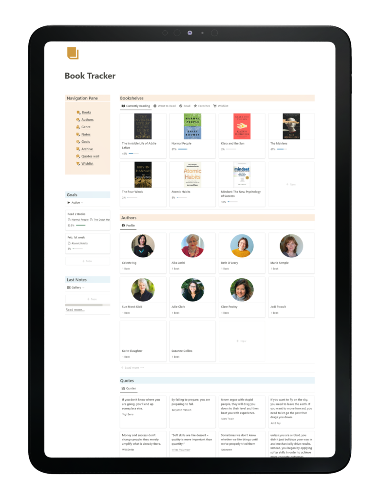book tracker homepage inside tablet view