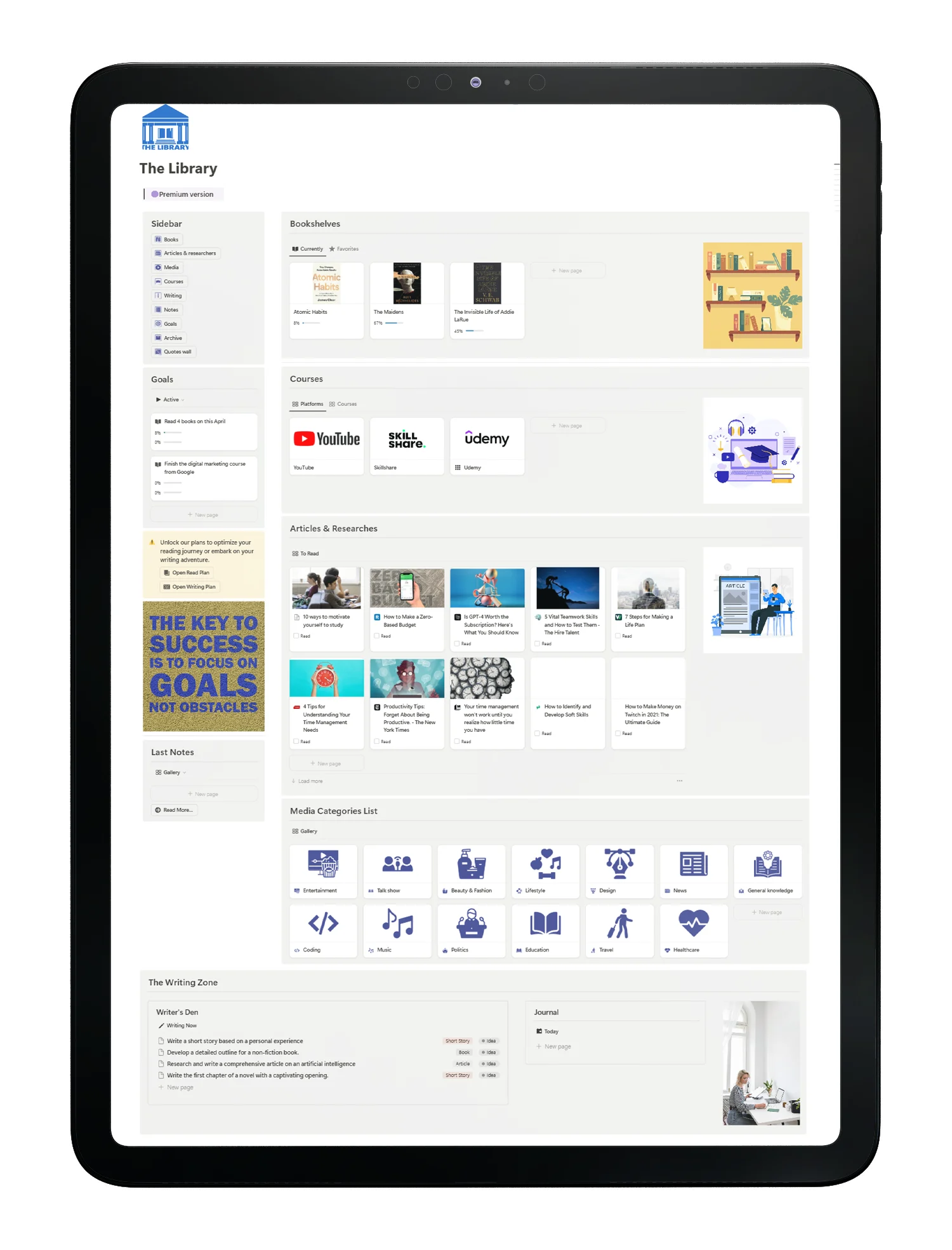 The library - books - courses - media - writing - tracker - note tacking - notion template - fayed - fayedtion