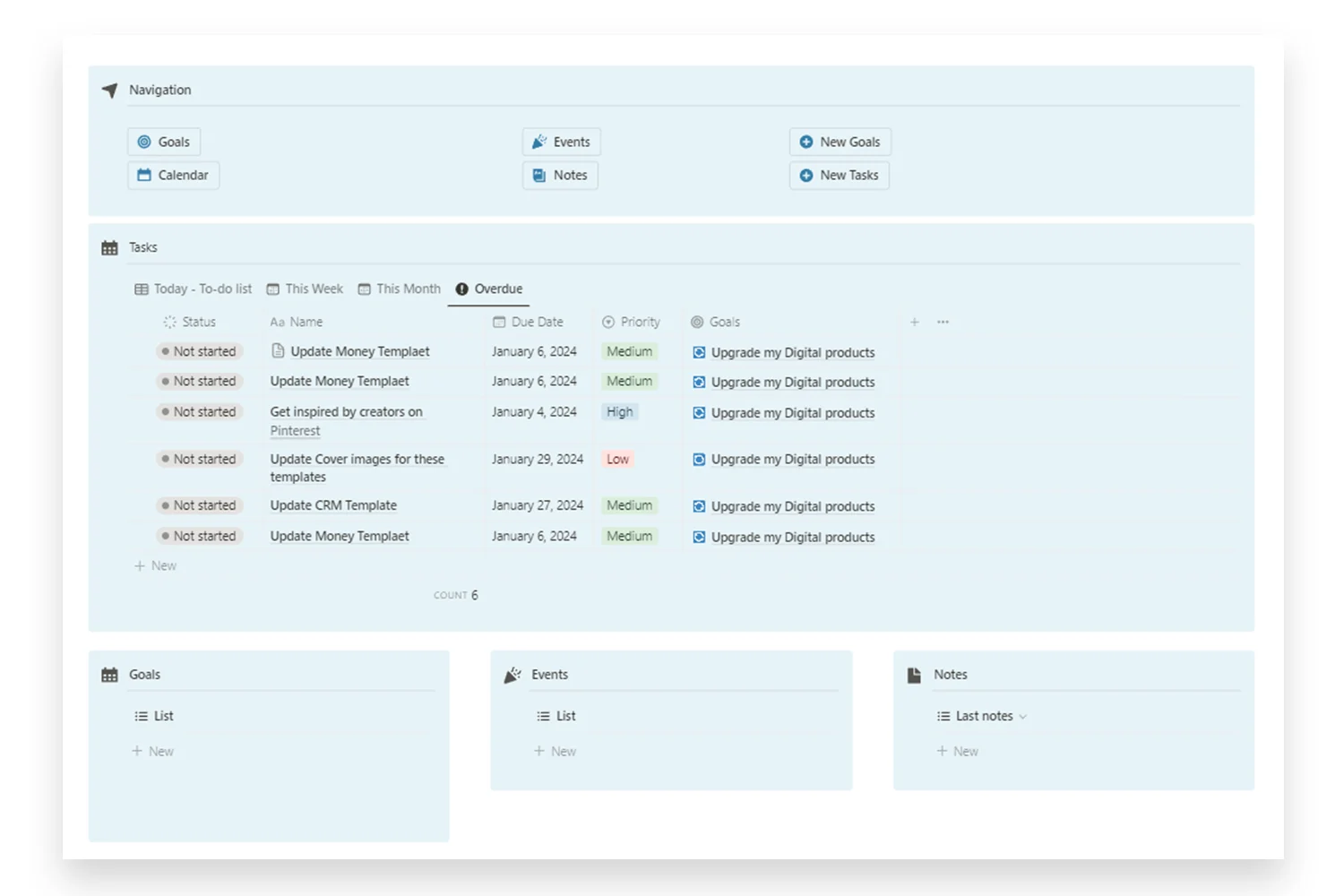 Navigation, tasks views in life planner - notion template - fayed - fayedtion