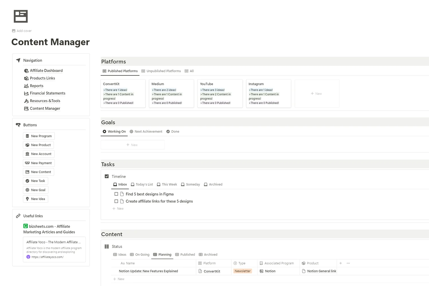 Wide content manager page of Affiliate manager notion template - fayed - fayedtion