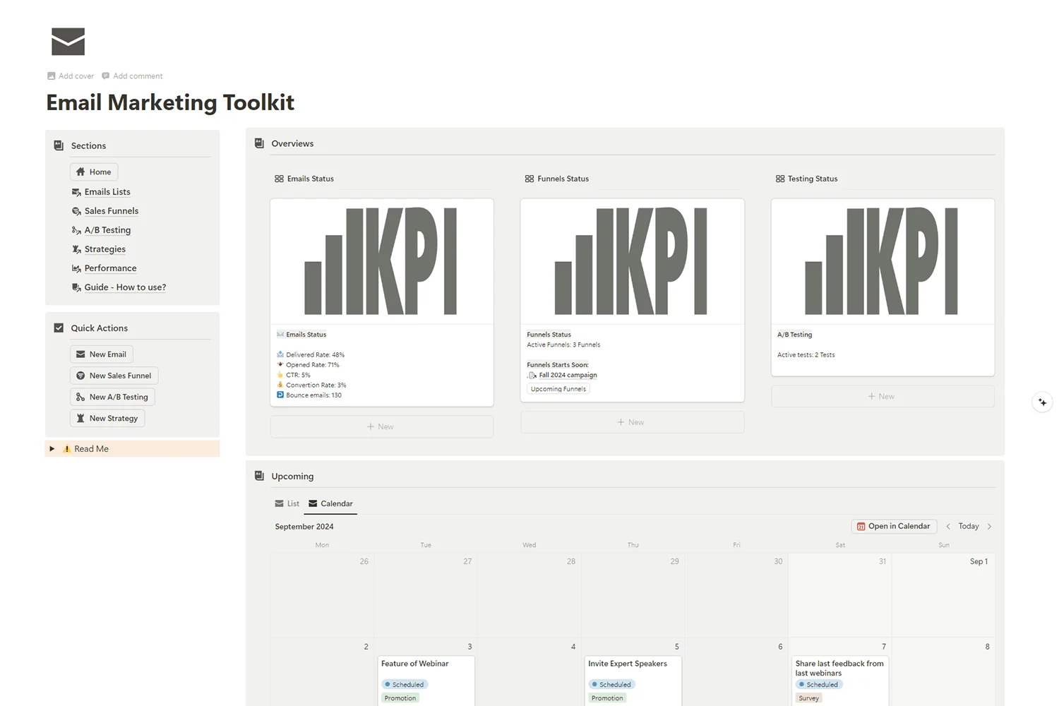 Email Marketing Toolkit home dashboard inside Notion showing sections, quick actions, and build checklist.