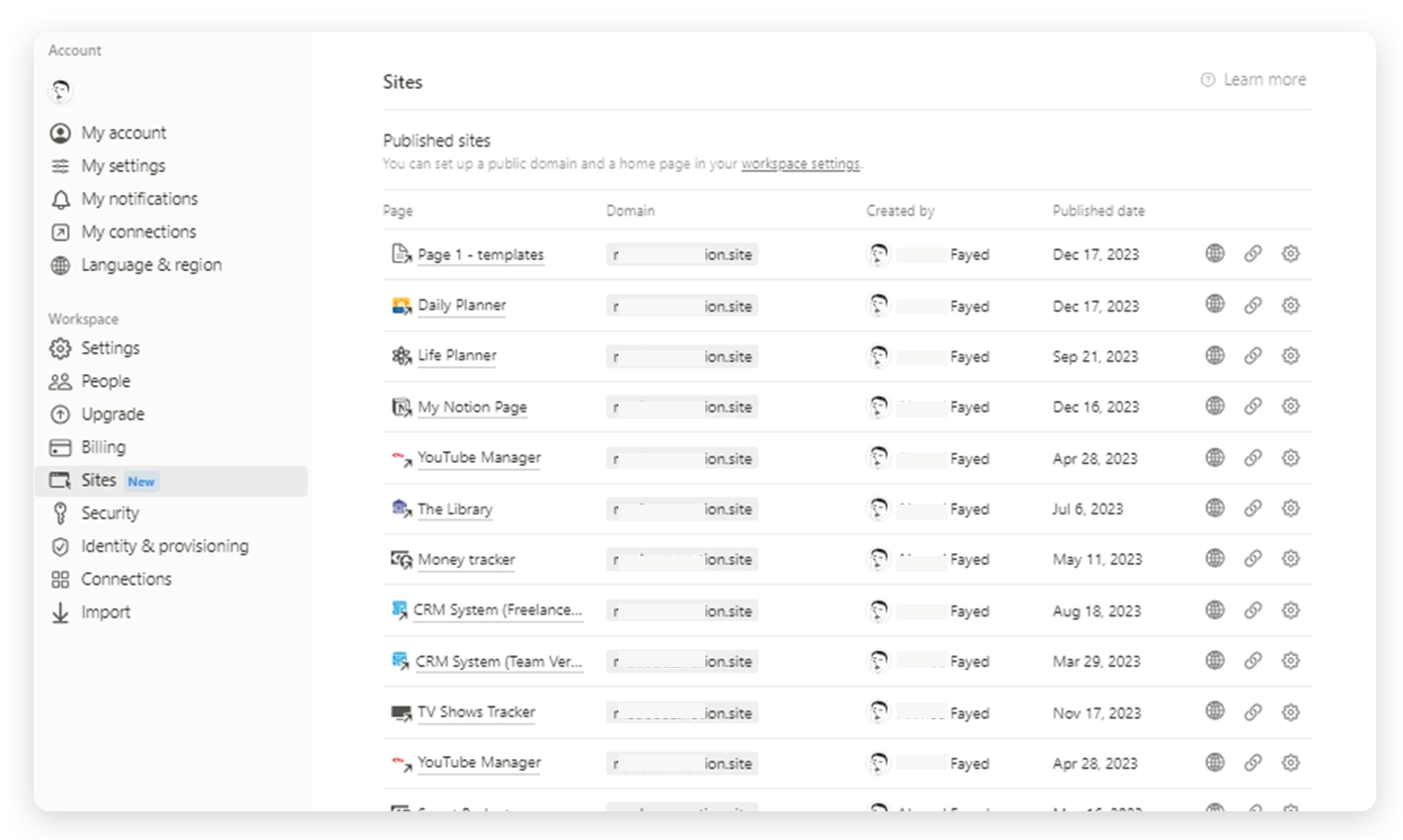 Notion manage sites - pages -fayedtion