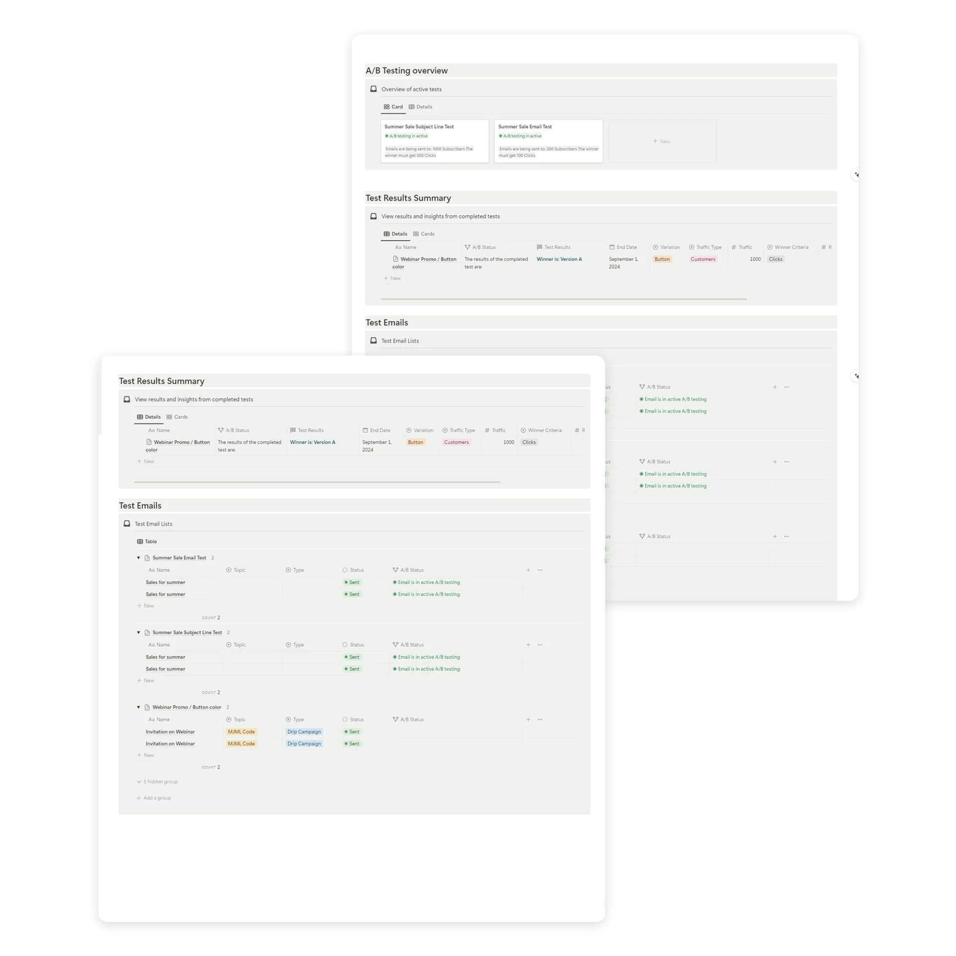 Email marketing tool planner - A-B testing page - notion template- fayed - fayedtion