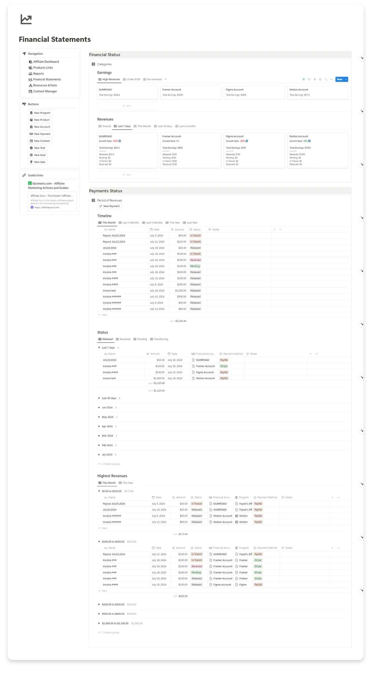 Preview of Financial Accounts from affiliate manager notion template - fayed - fayedtion