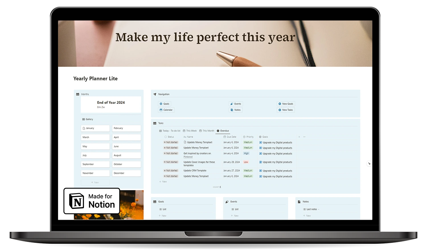 Yearly planner - laptop preview - notion template - fayed - fayedtion