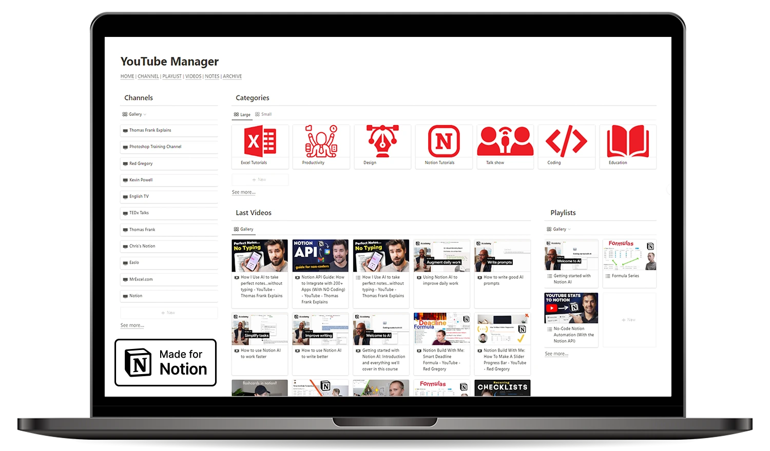 YouTube manager - laptop preview - notion template - fayed - fayedtion