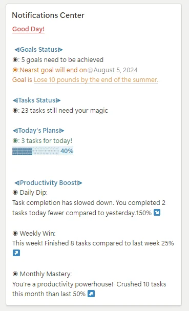 Preview of notification center from smart goals - notion template - fayed - fayedtion
