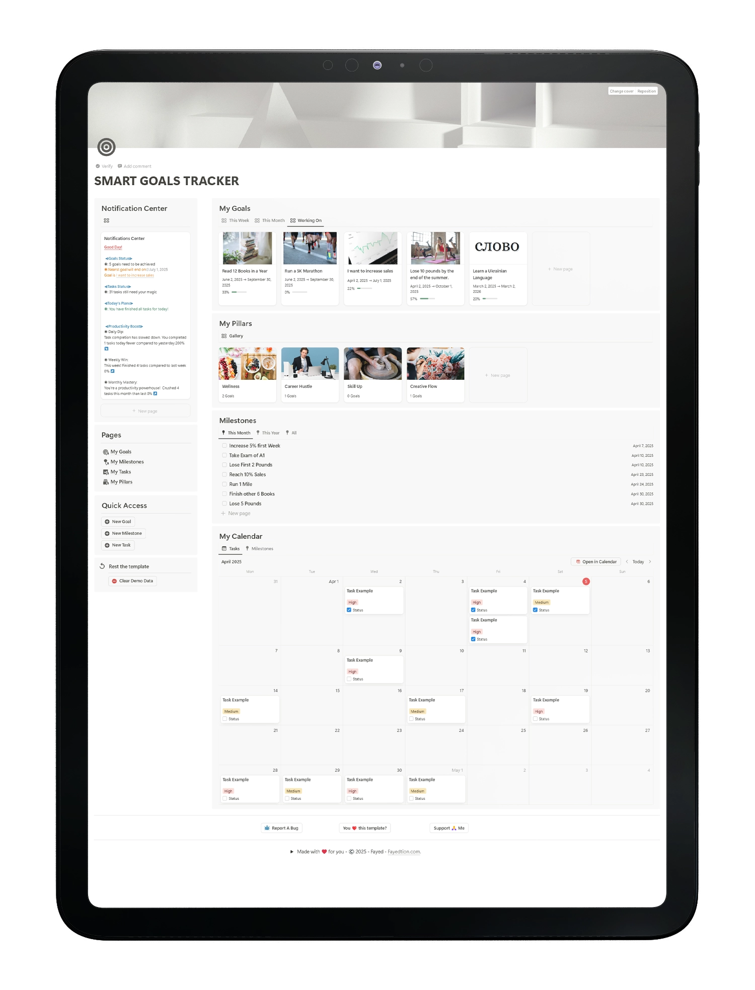 smart goals tracker - home page - notion template - fayed - fayedtion