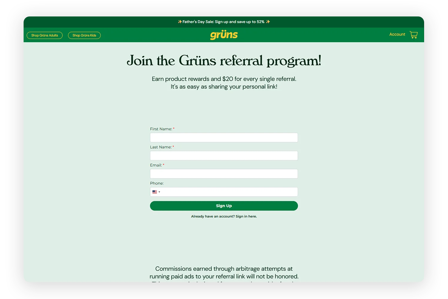 Grüns Referral Program website preview