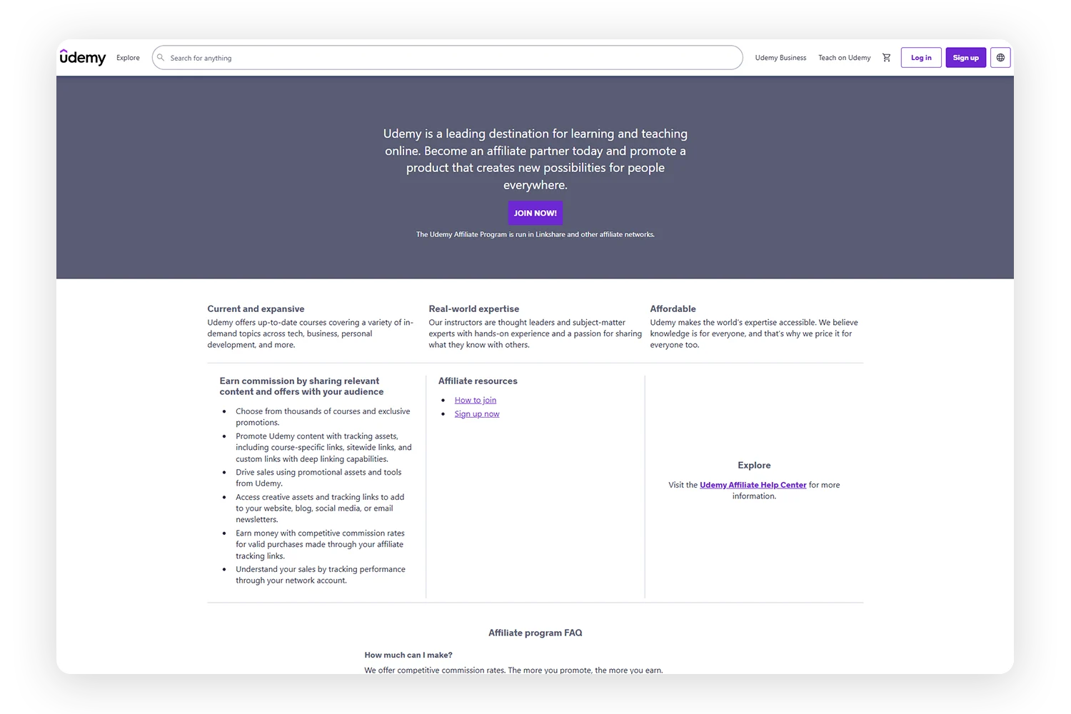 Udemy Affiliate Program webpage preview