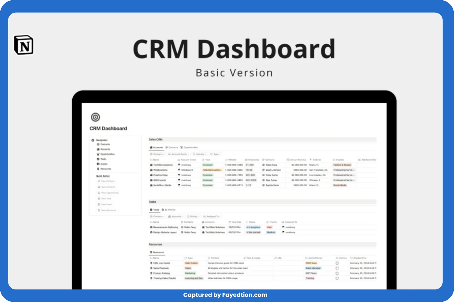 CRM Dashboard Notion Template captured by fayed - fayedtion