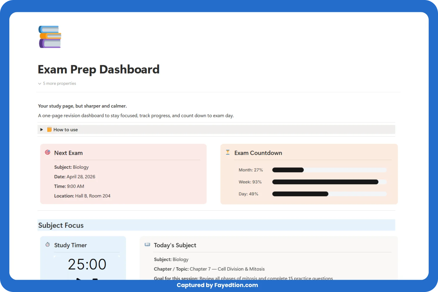 The Exam Prep Dashboard is a one-page Notion template built for students—especially those with ADHD