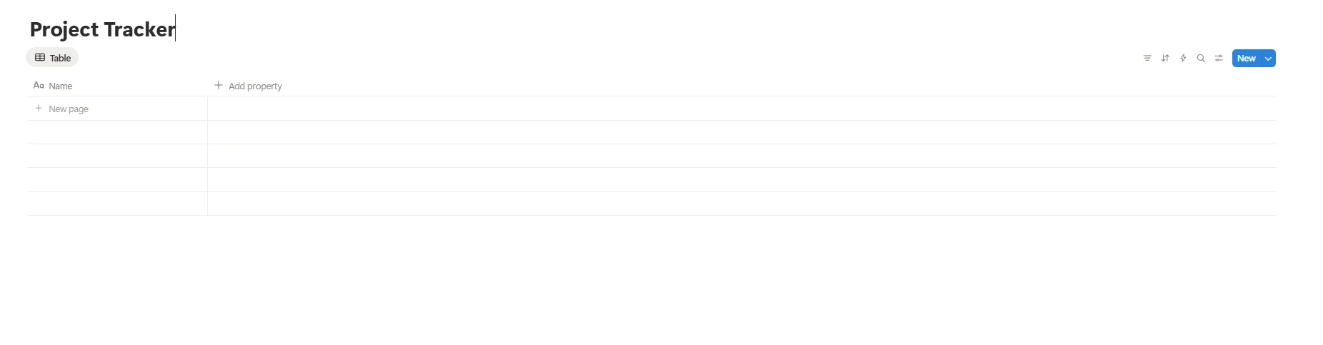 Table of notion spreadsheet for project tracker