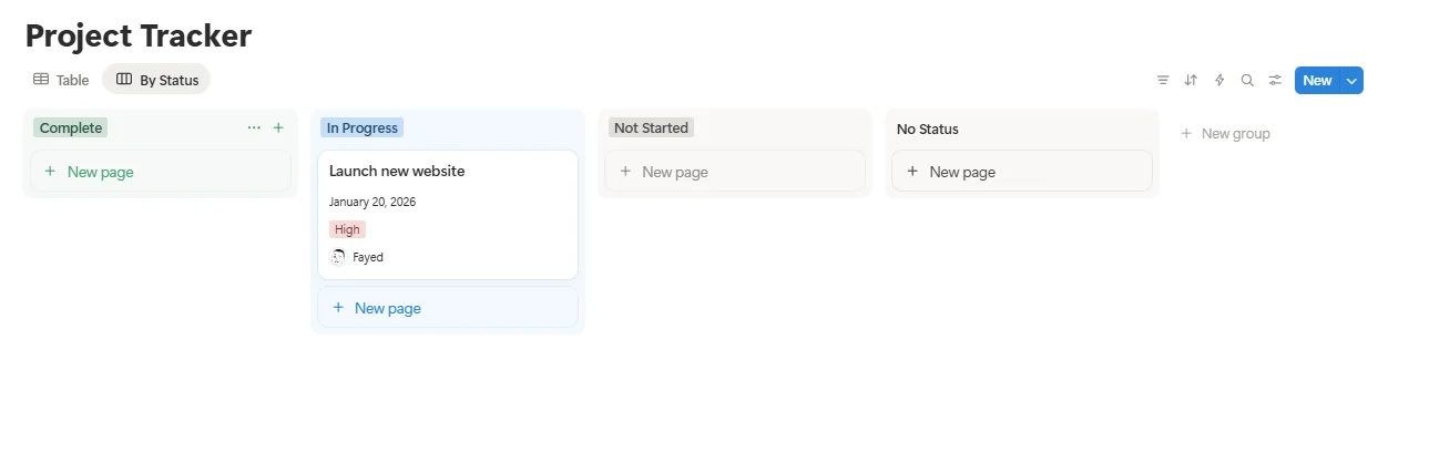 status view of notion spreadsheet for project tracker - Fayed - fayedtion