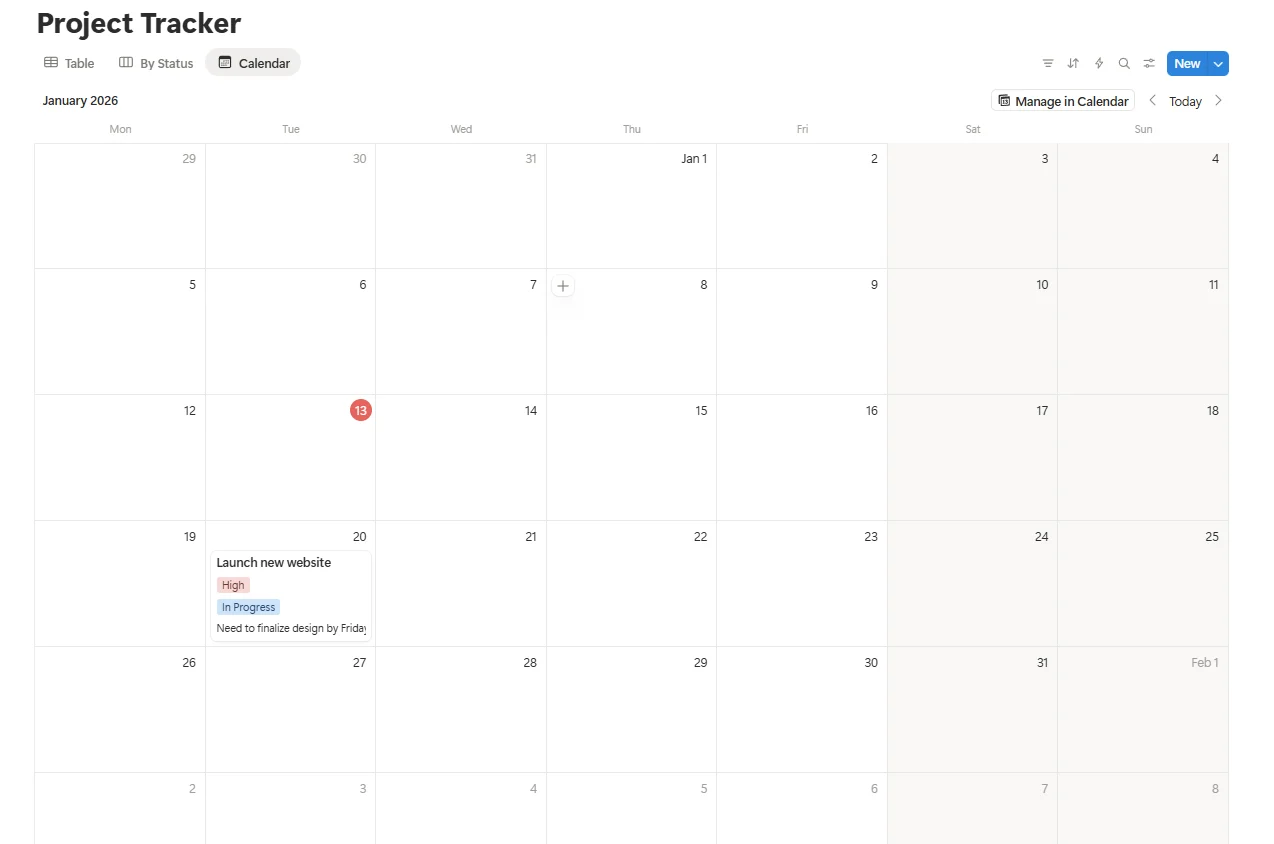 Calendar view of notion spreadsheet for project tracker - Fayed - fayedtion