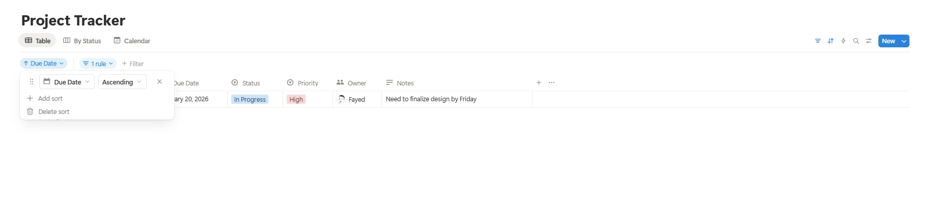 Table of notion spreadsheet for project tracker - Fayed - fayedtion