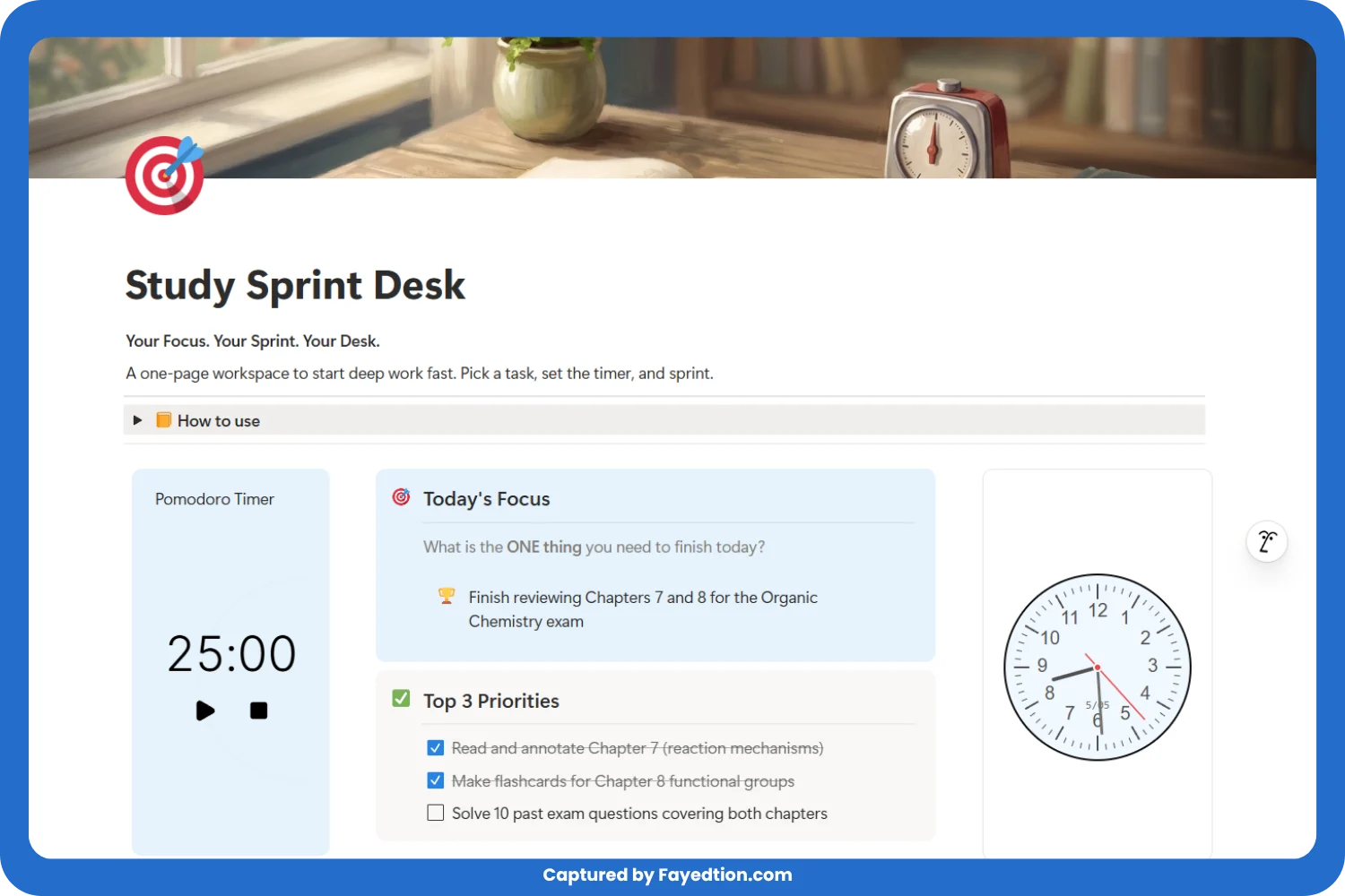 The Study Sprint Desk is a focused Notion workspace for students who sit down to study and don't know where to start. Set one topic, start the timer, study in sprints, and log what you covered. No overwhelm, no giant task lists.