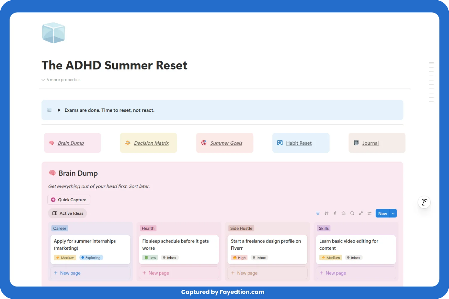 one-page Notion planner designed to help students with ADHD transition from exam chaos to a clear