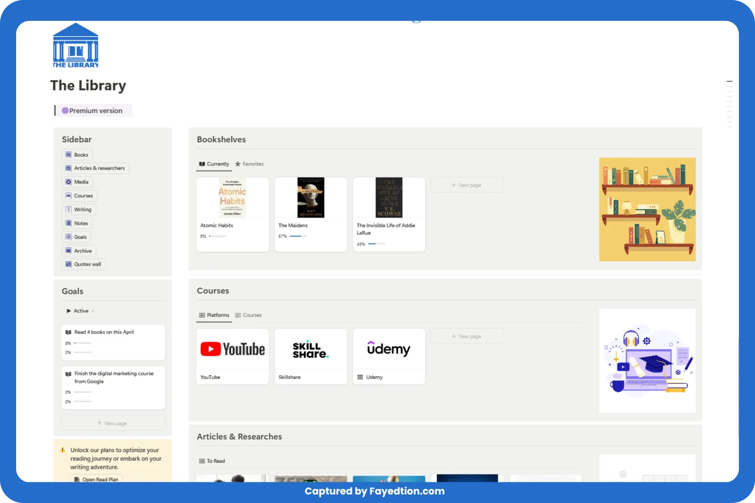 The Library is a comprehensive Notion template for students who want to track their reading, writing, and learning journeys in one place.