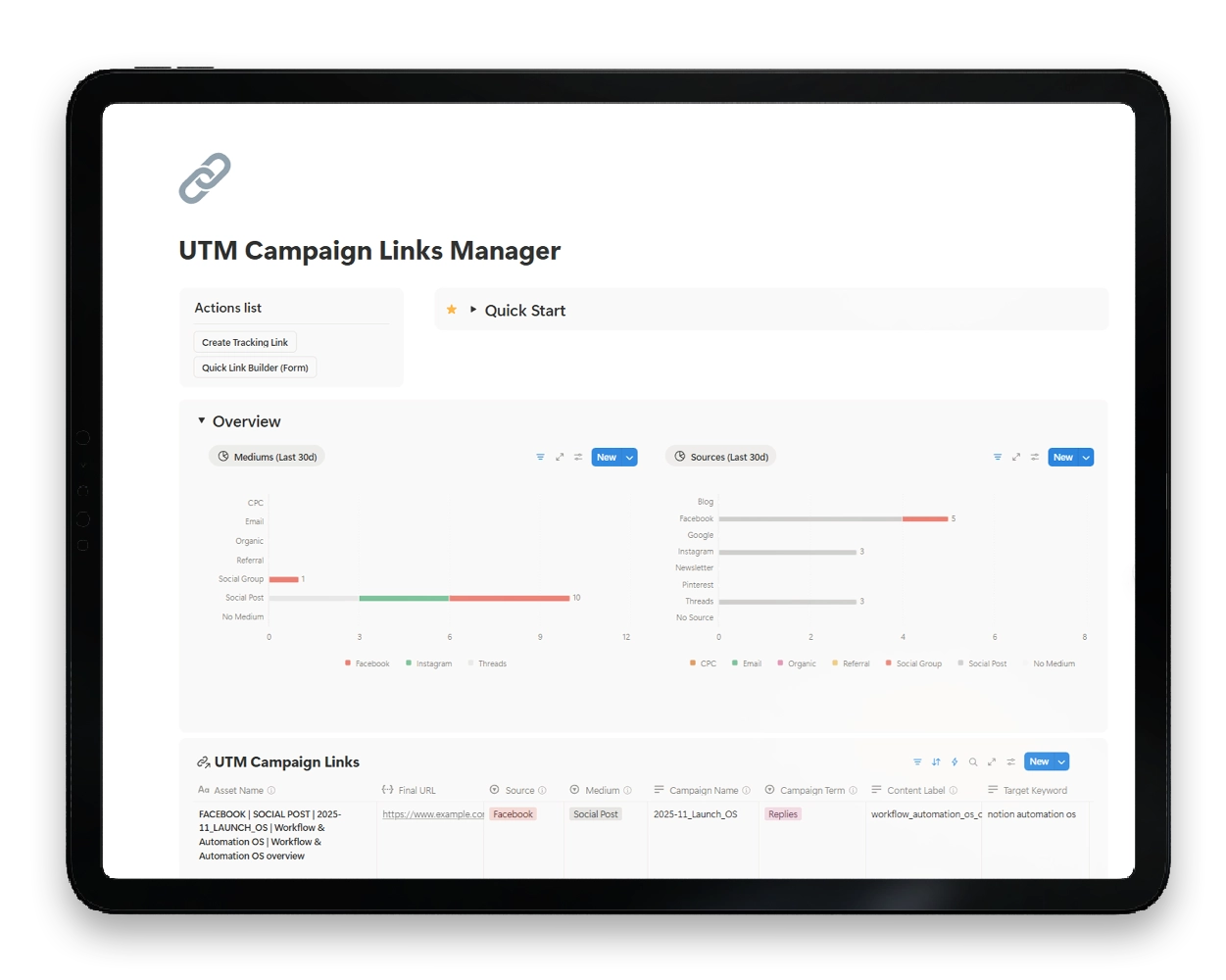 UTM Campaign Links Manager template Preview tablet