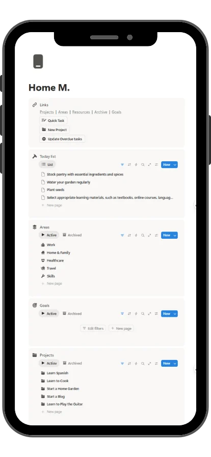 Mobile View of Notion productivity system PARA - Fayed