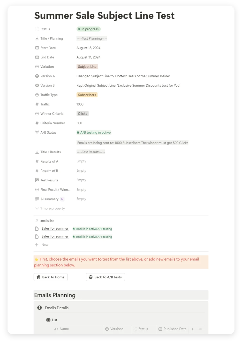 The A/B Test page of email marketing calendar - Fayed 
