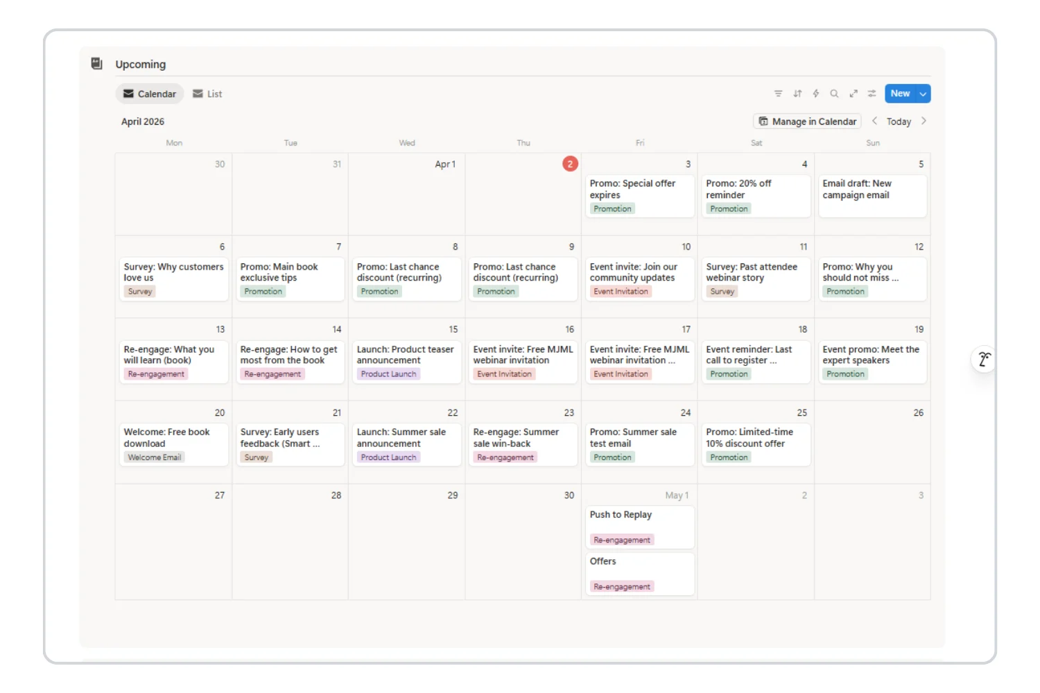 Calendar view of Email marketing calendar Notion template- Fayed 