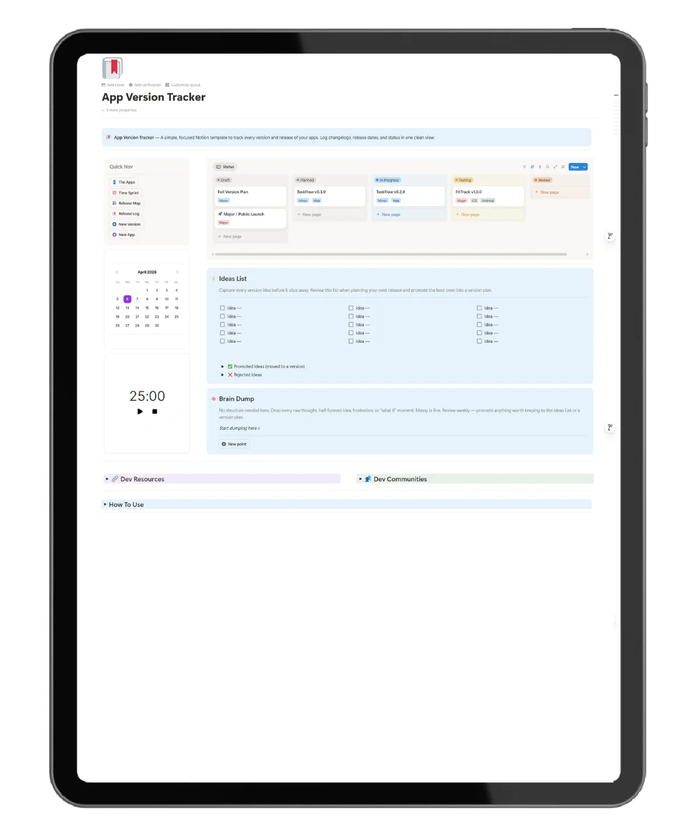 Dashboard-of-notion app version tracker template on tablet