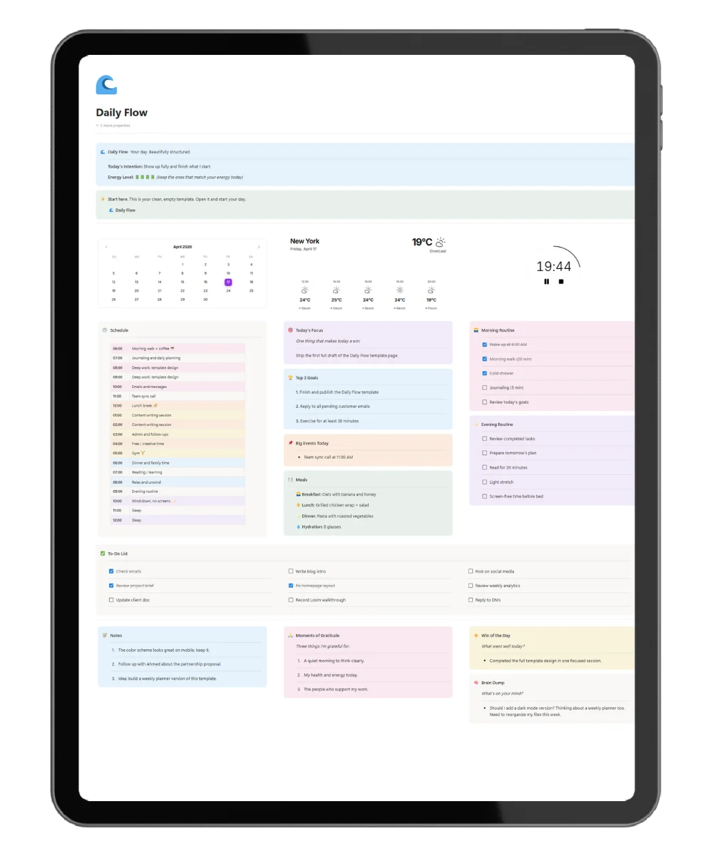 Daily Flow template open in Notion with to-do list, meals, gratitude, and brain dump sections