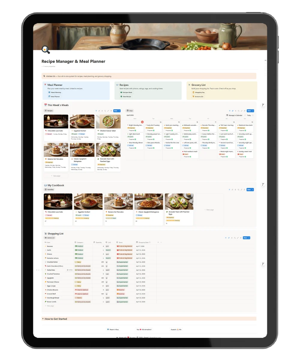 Dashboard of Recipe Manager & Meal Planner on tablet.