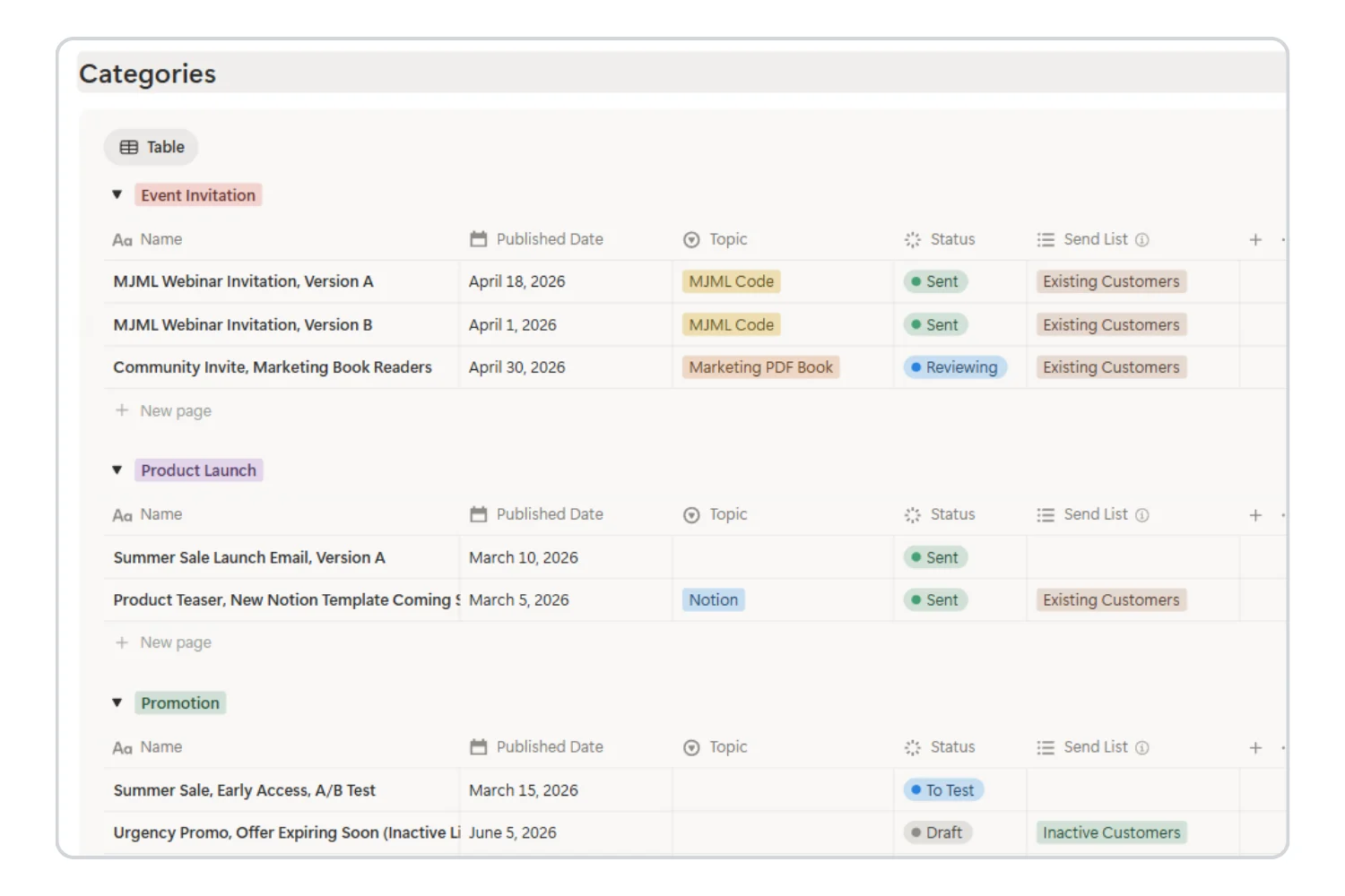 Notion email list database filtered by category showing welcome, newsletter, promotional, and re-engagement email types