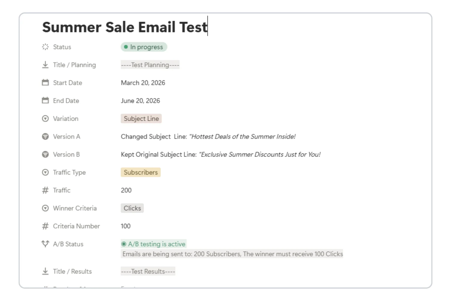 Email Marketing Toolkit - campaign planning view with subject lines and A/B test columns