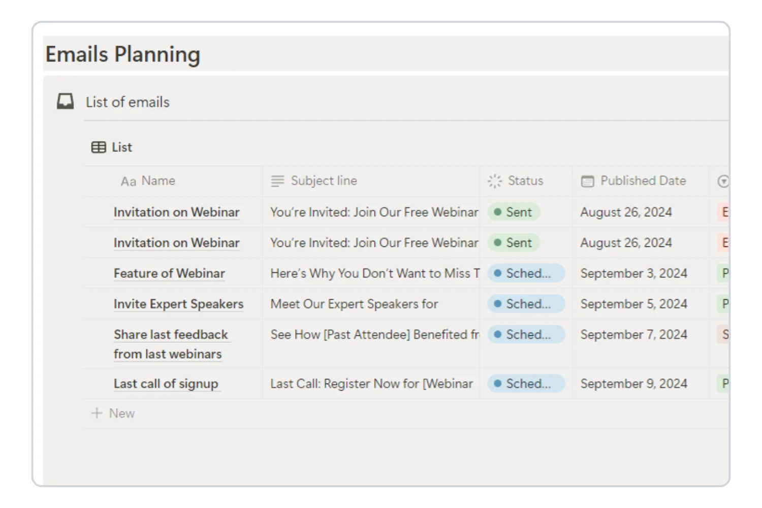Email Marketing Toolkit dashboard showing campaign list with subject lines column