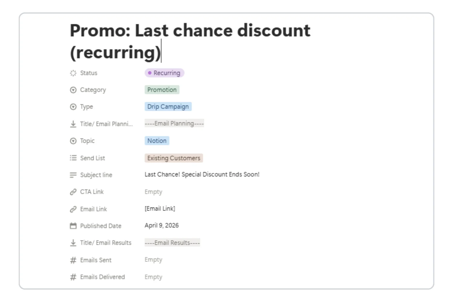 Email entry page of Email marketing calendar in notion - Fayed