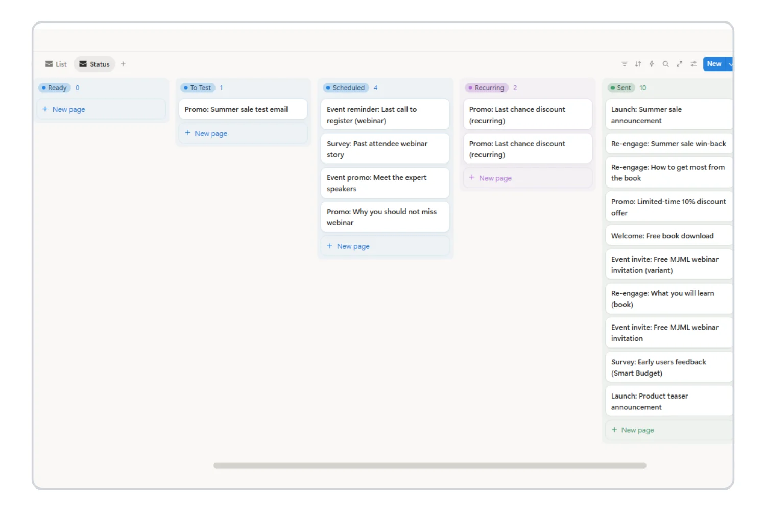 kanban view showing emails organized of Email marketing calendar in Notion - Fayed