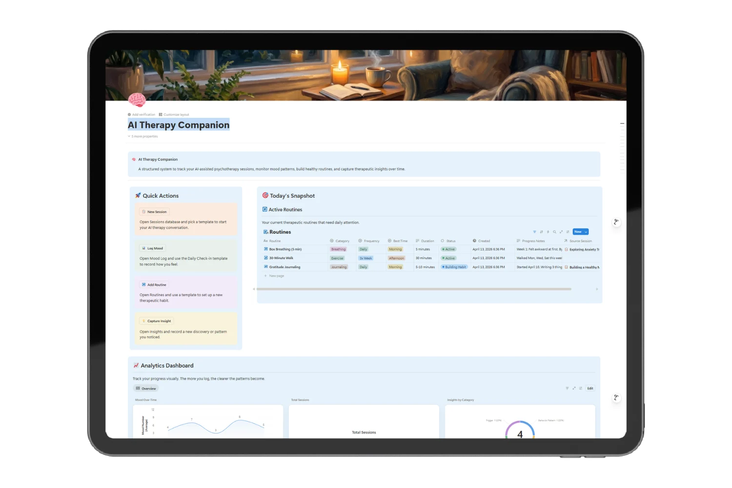 AI therapy Notion template dashboard showing daily mood chart, active sessions, routines, and techniques library