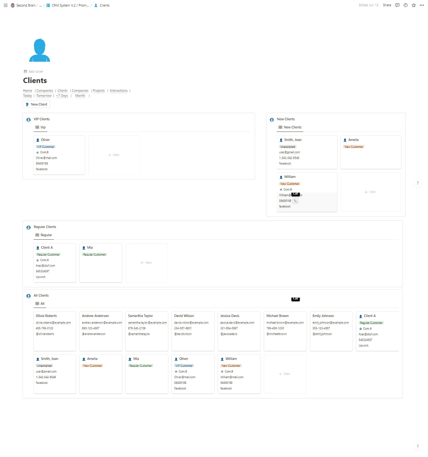 Notion CRM system for solopreneur dashboard with contacts, pipeline, and client record open in connected view.