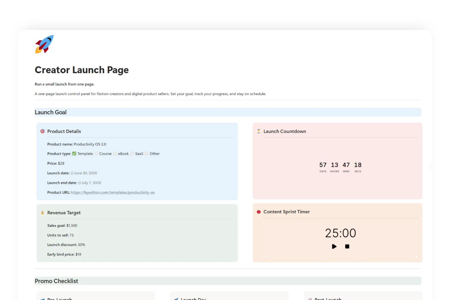 Dashboard of Creator launch page with blocks of countdown and pomodoro timer works as Template Pricing Strategy for notion creators