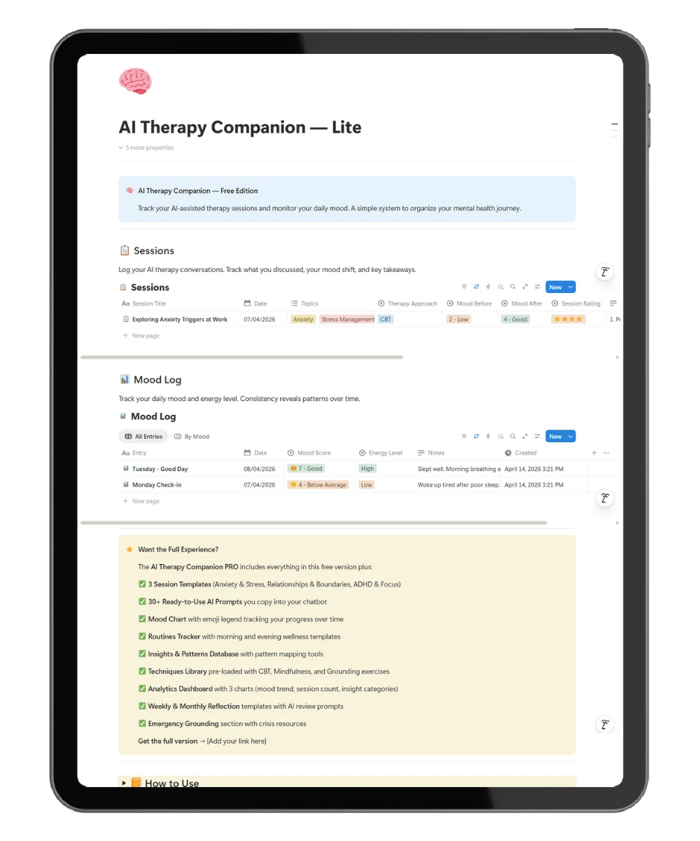 Free AI therapy Notion template Lite dashboard with daily mood chart, session list, and ChatGPT prompts