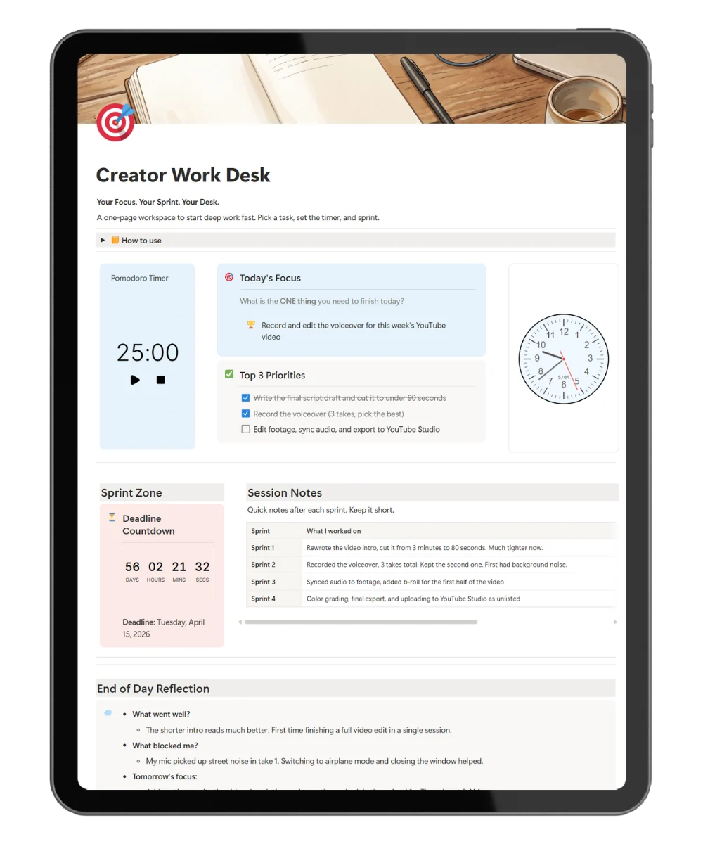 Notion content creator template Creator Work Desk showing today's deliverable, top three creator priorities, Pomodoro timer, and shipping log.
