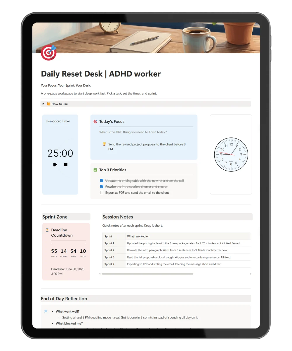 ADHD Notion template Daily Reset Desk showing one focus, three priorities, Pomodoro timer, and a daily reset block