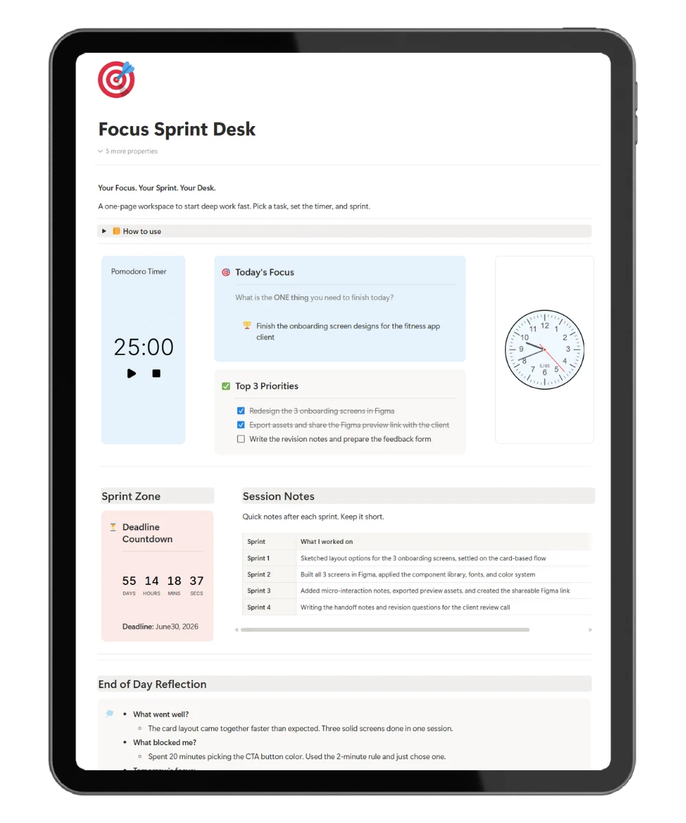 Focus Sprint Desk Notion deep work template showing single daily focus, top three priorities, Pomodoro timer, and sprint log