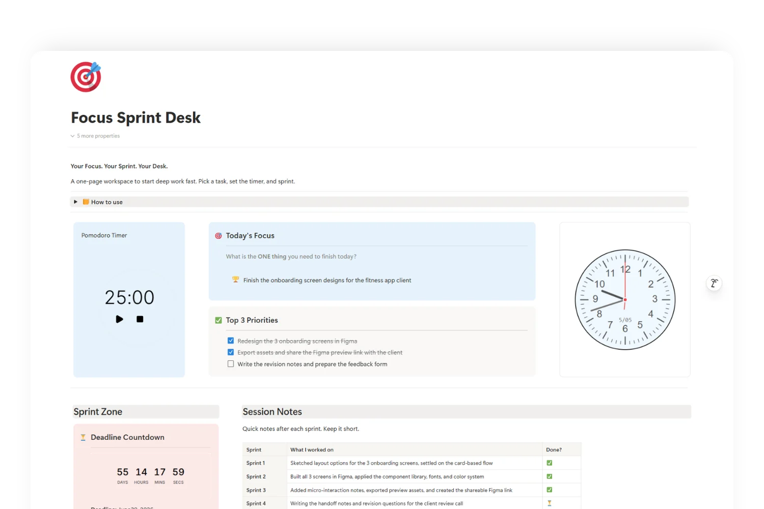 Dashboard of notion template for Focus Sprint Desk works for workflow for solopreneurs