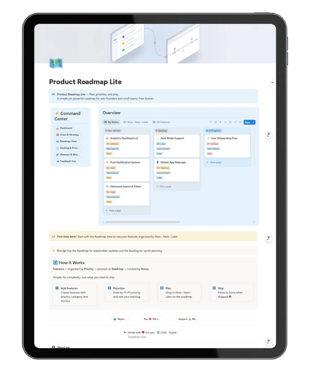 Dashboard of free product roadmap notion template show table and board of tracking products
