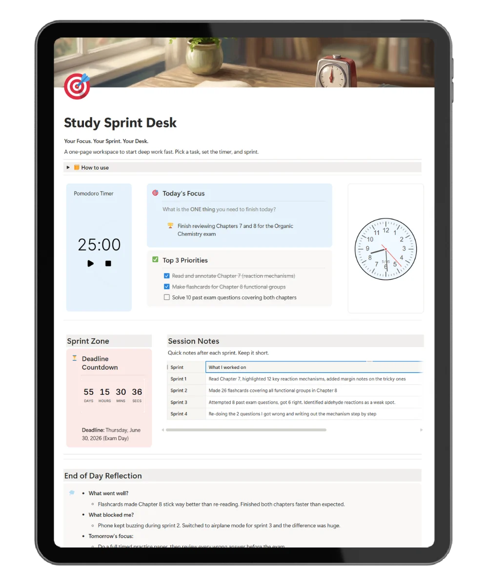 Dashboard of Study Sprint Desk template on tablet