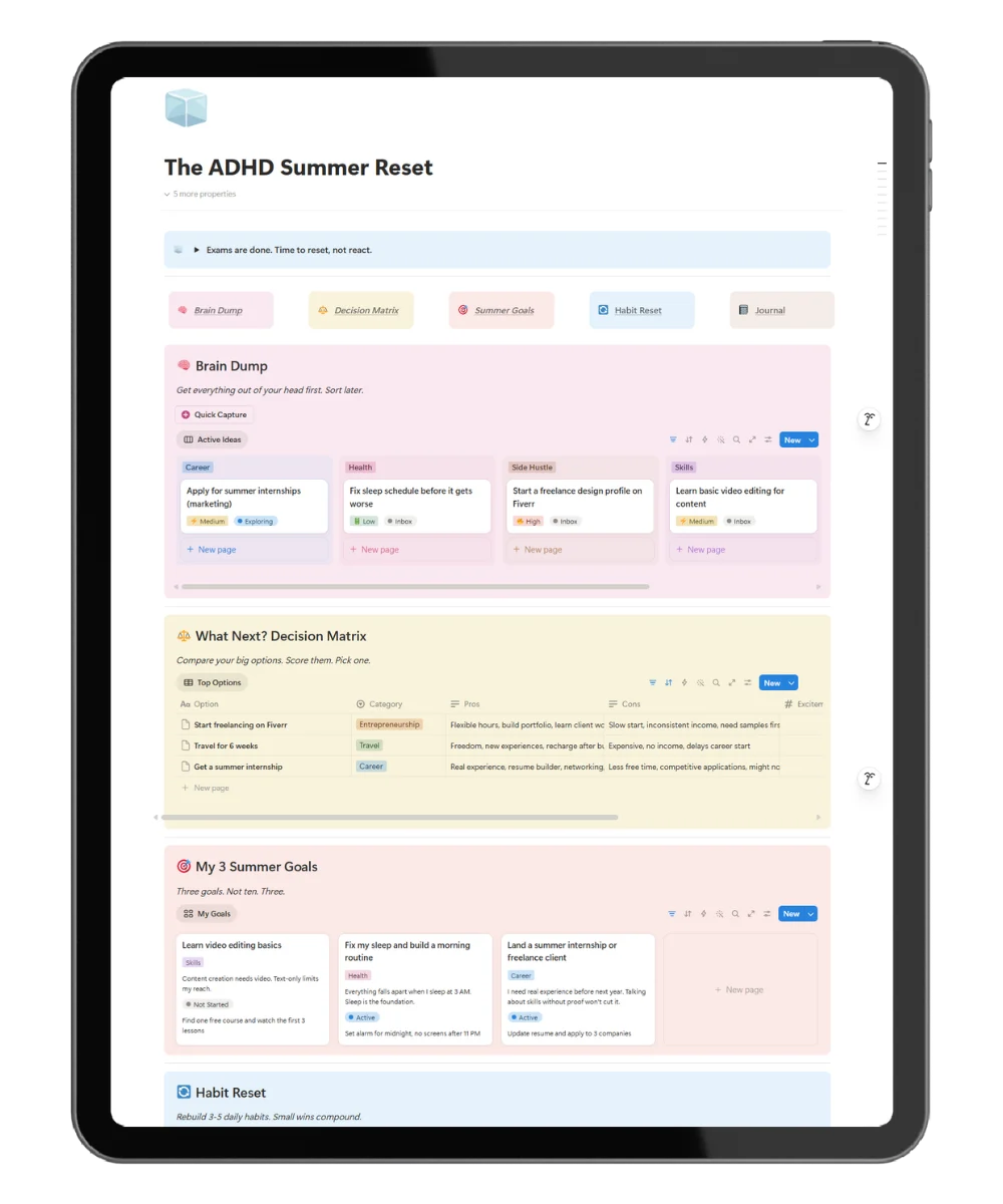 Screenshot of The ADHD Summer Reset Notion template homepage with color-coded navigation bar, brain dump database, and callout sections for decision matrix, goals, habits, and journal